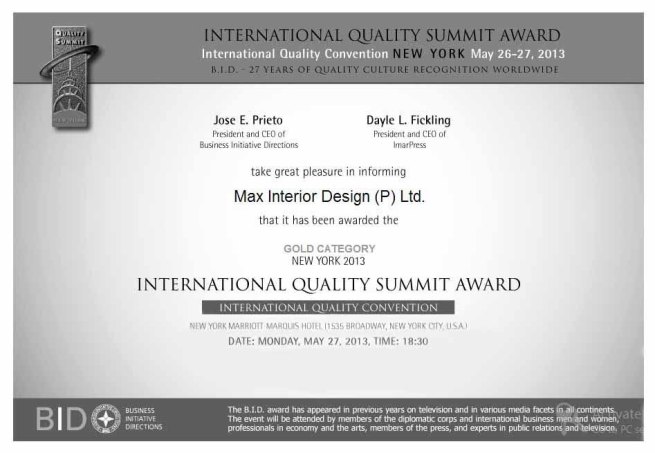 Max Interior – international quality summit award 2013